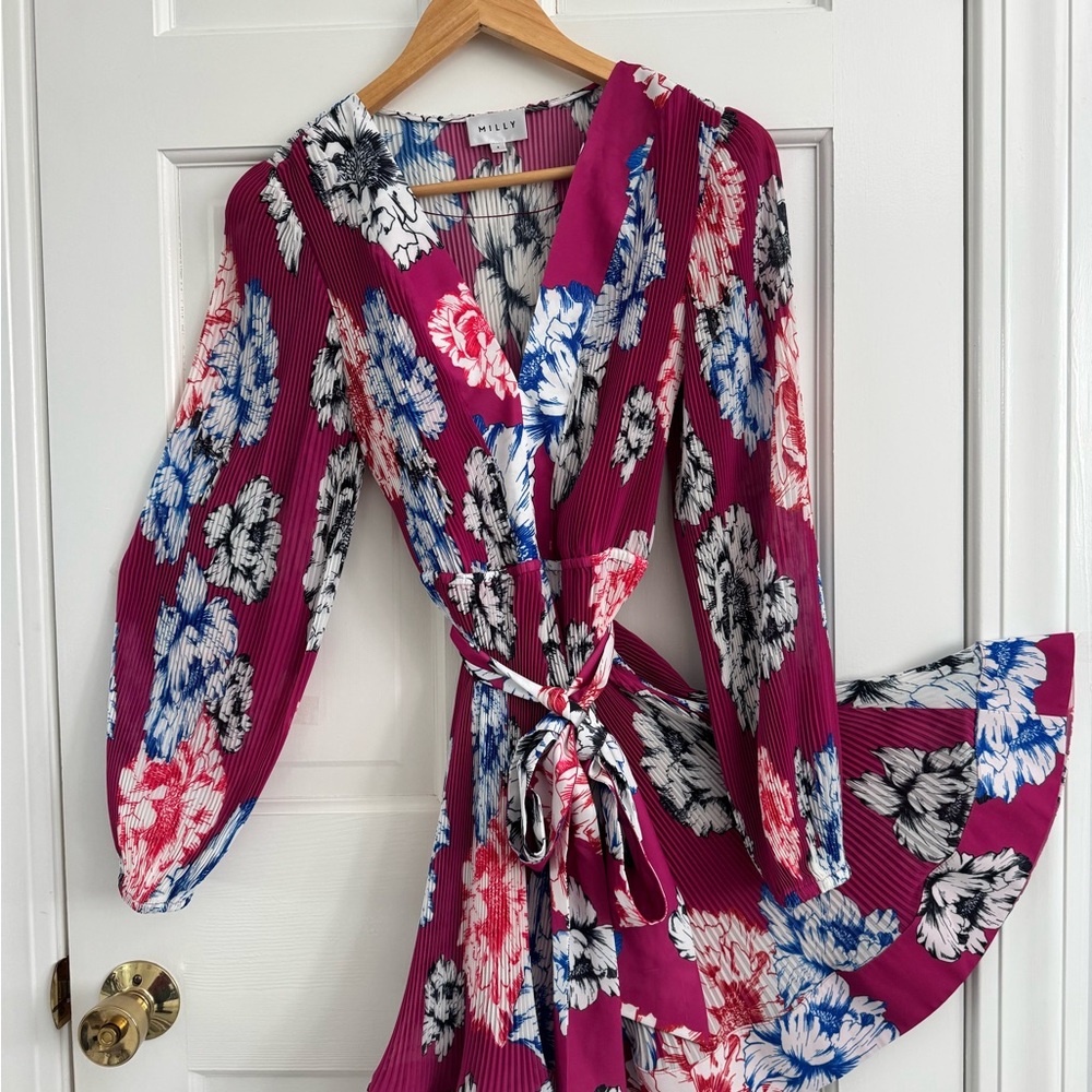 Milly Pink and Blue Floral Dress Liv Petals In Bloom Pleated Minidress - Picture 10 of 10